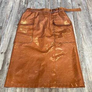 TOPSHOP Women’s Belted Vinyl Midi Skirt In Tan Size 6 (but fits like 2-4)
